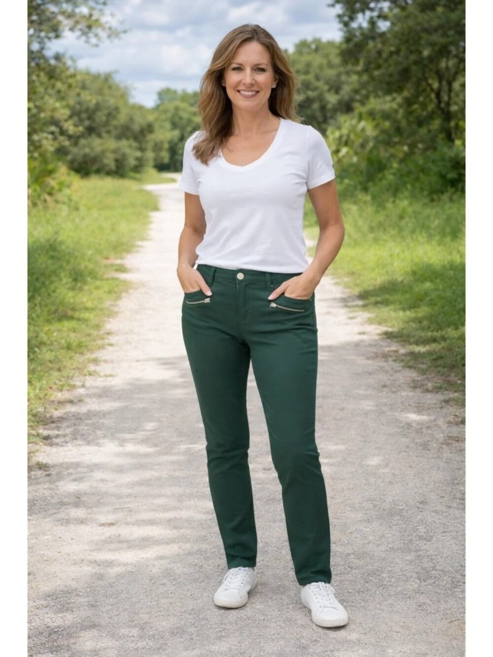 CAbi Jeans size 4 Hunter Green Zip Skinny Moto Stretch Denim #3388
